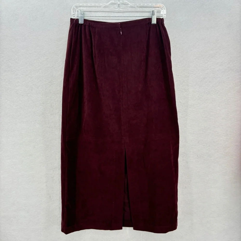 Burgundy Faux Suede Straight Midi Skirt Size‎ 10P Indie Retro Back slit
